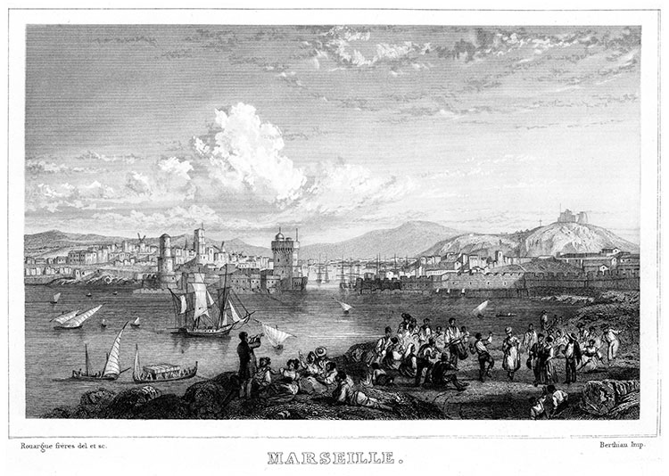 Fête devant le port de Marseille vers 1850 - gravure  reproduite et restaurée par © Norbert Pousseur