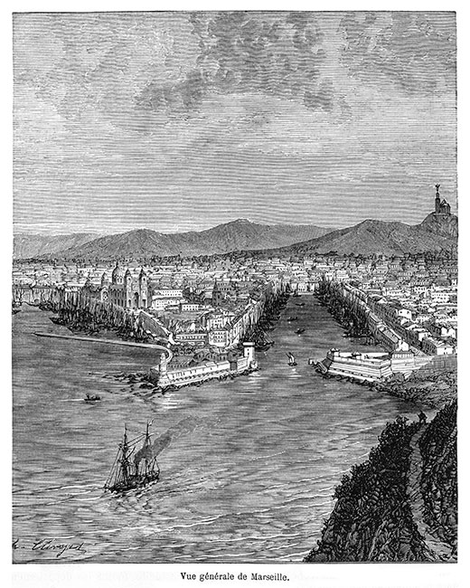 Vue générale de Marseille et de son port vers 1870 - gravure  reproduite et restaurée par © Norbert Pousseur