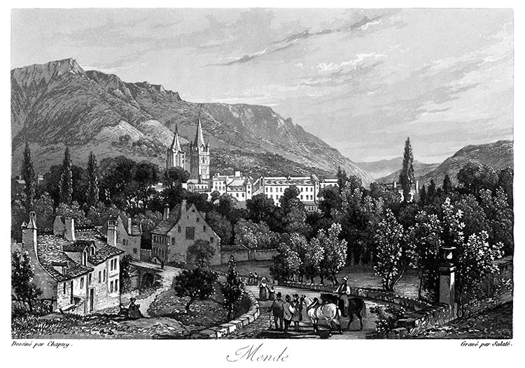 Mende depuis sa voie d'accès vers 1830 - gravure reproduite et restaurée numériquement par © Norbert Pousseur