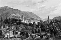 Zoom sur Mende depuis sa voie d'accès vers 1830 - gravure reproduite et restaurée numériquement par © Norbert Pousseur