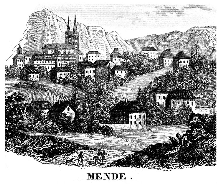 Mende, vers 1850- gravure reproduite et restaurée numériquement par © Norbert Pousseur