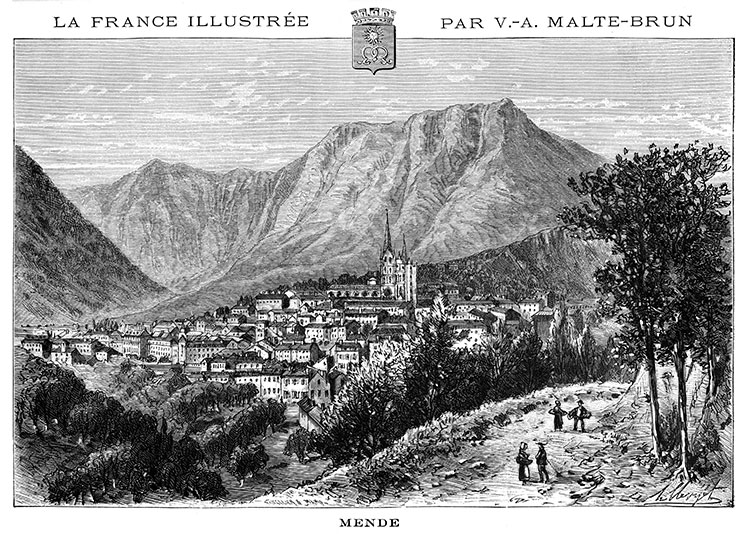 Vue générale de Mende vers 1880 - gravure reproduite et restaurée numériquement par © Norbert Pousseur