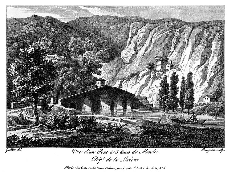 Vue d'un des ponts et du couvent des capucins de Mende - gravure reproduite et restaurée numériquement par © Norbert Pousseur