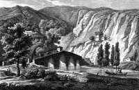 Zoom sur Vue d'un des ponts et du couvent des capucins de Mende - gravure reproduite et restaurée numériquement par © Norbert Pousseur