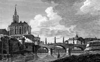 Zoom sur La cathédrale de Metz et le pont des Basses grilles vers 1825 - gravure reproduite et restaurée numériquement par © Norbert Pousseur