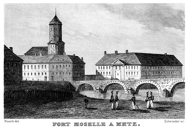 Le Fort Moselle à Metz, vers 1835, gravure de Rauch reproduite et restaurée numériquement par © Norbert Pousseur