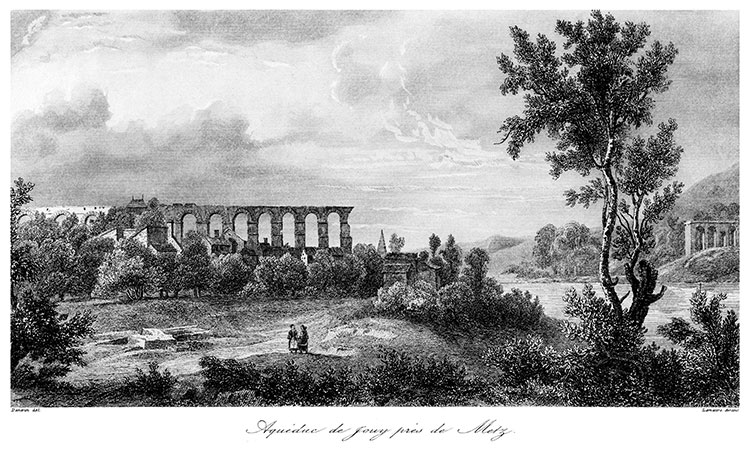 Aqueduc de Jouy près de Metz, vers 1840 - gravure de Buttura reproduite et restaurée numériquement par © Norbert Pousseur