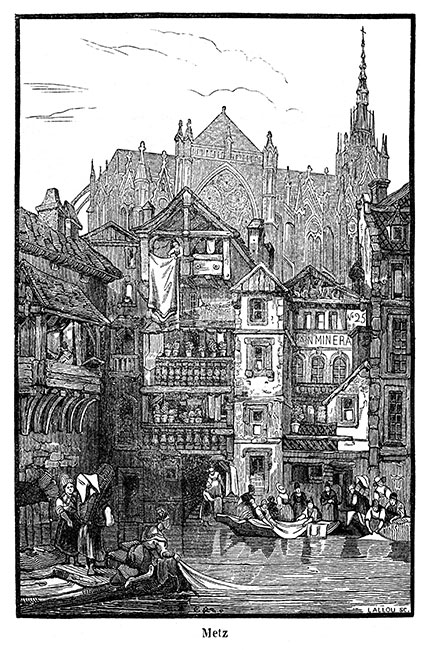 Maisons et activités au bord de l'eau à Metz, gravure vers 1845, gravure reproduite et restaurée numériquement par © Norbert Pousseur