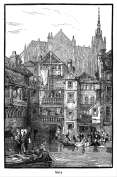 Zoom sur Maisons et activités au bord de l'eau à Metz, gravure vers 1845, gravure reproduite et restaurée numériquement par © Norbert Pousseur