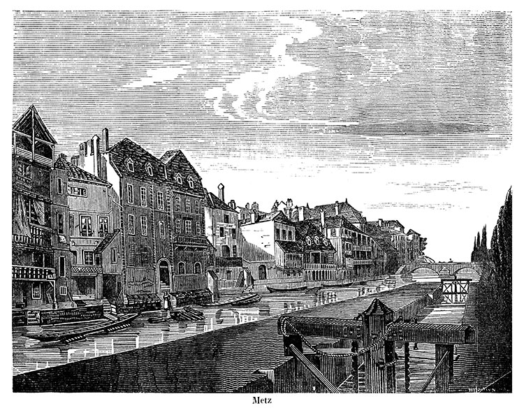 Metz le long de l'eau, vers 1845, gravure reproduite et restaurée numériquement par © Norbert Pousseur