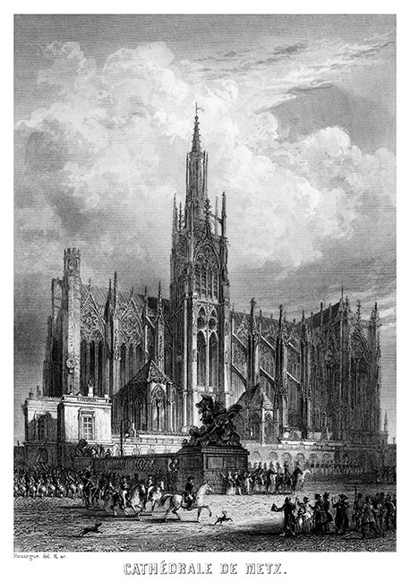 La cathédrale de Metz depuis sa place, vers 1855, gravure de Rouargue reproduite et restaurée numériquement par © Norbert Pousseur