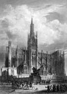 Zoom sur La cathédrale de Metz depuis sa place, vers 1855, gravure de Rouargue reproduite et restaurée numériquement par © Norbert Pousseur
