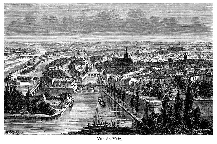 Vue générale de Metz vers 1875, gravure reproduite et restaurée numériquement par © Norbert Pousseur