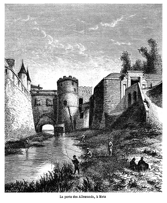 Vue latérale de la porte des Allemands de Metz vers 1870 - gravure reproduite et restaurée numériquement par © Norbert Pousseur