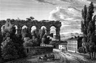 Zoom sur Travées de l'aqueduc romain de Jouy près de Metz, vers 1835, gravure reproduite et restaurée numériquement par © Norbert Pousseur