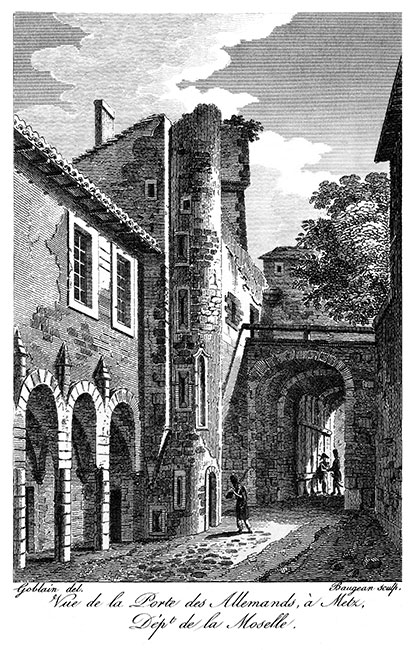 Porte des Allemands en sortant de Metz vers 1825, gravure reproduite et restaurée numériquement par © Norbert Pousseur
