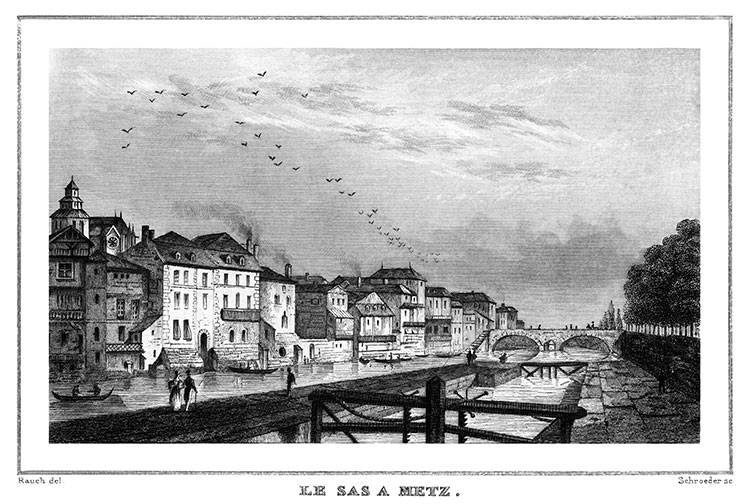 Le Sas à Metz vers 1830 - gravure reproduite et restaurée numériquement par © Norbert Pousseur