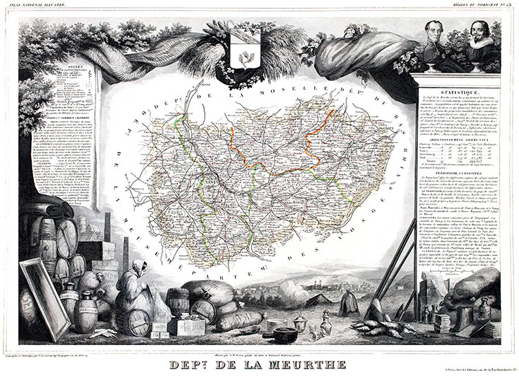 Carte de Levasseur du Meurthe en 1847 - gravure reproduite et restaurée numériquement par © Norbert Pousseur