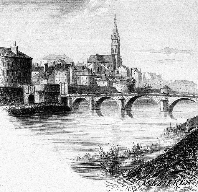 Mézières et son pont sur la Meuse vers 1880 - gravure reproduite et restaurée numériquement par © Norbert Pousseur