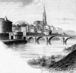 Zoom sur Mézières et son pont sur la Meuse vers 1880 - gravure reproduite et restaurée numériquement par © Norbert Pousseur