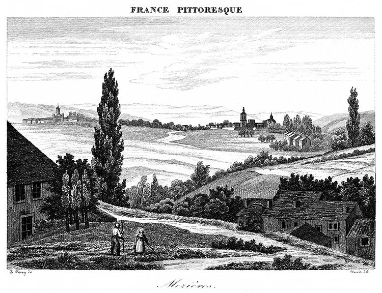Mézières au milieu des collines vers 1830 - gravure reproduite et restaurée numériquement par © Norbert Pousseur