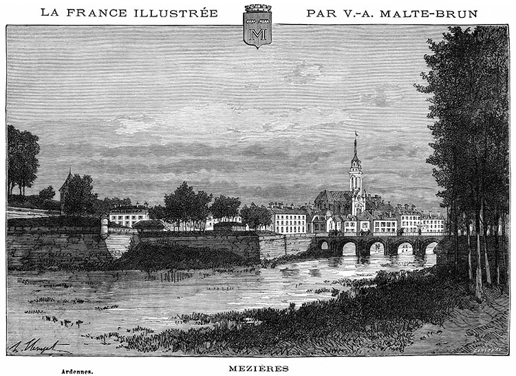 Mézières sur la Meuse vers 1870 - gravure reproduite et restaurée numériquement par © Norbert Pousseur