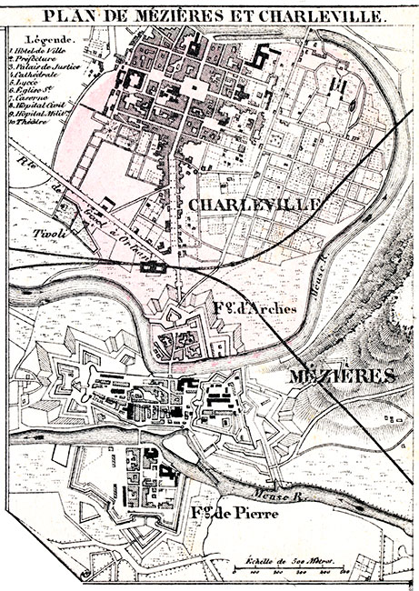 Plan de Mézières et Charleville vers 1850 - gravure reproduite et restaurée numériquement par © Norbert Pousseur