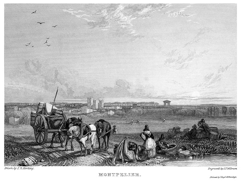 Montpellier vers 1830 et ses paysans - gravure reproduite et restaurée par © Norbert Pousseur