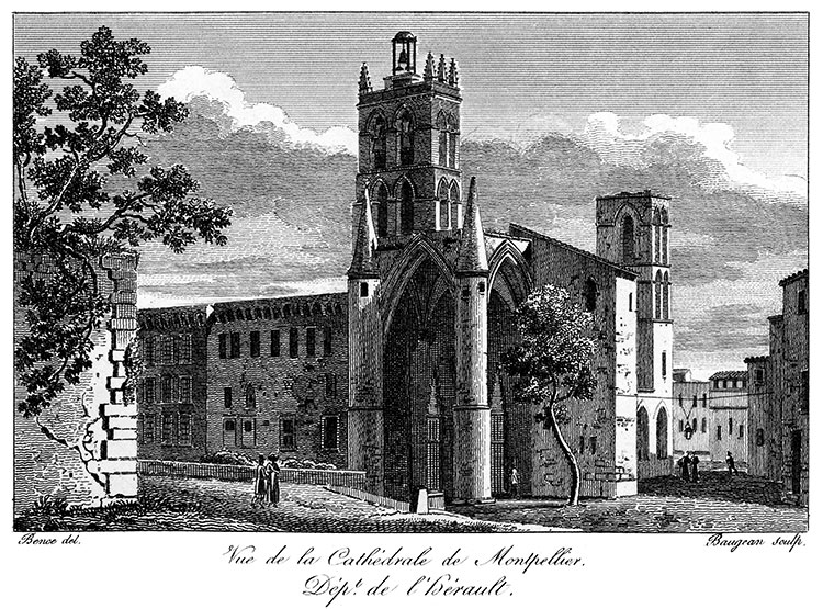 La cathédrale de Montpellier vers 1825 - gravure reproduite et restaurée par © Norbert Pousseur