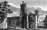Zoom sur La cathédrale de Montpellier vers 1825 - gravure reproduite et restaurée par © Norbert Pousseur