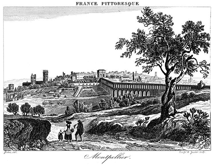 Auch vers 1830 et son accès par son pont sur le Gers - gravure reproduite et restaurée par © Norbert Pousseur
