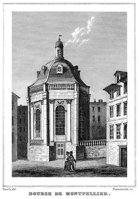 La Bourse de Montpellier vers 1835 - gravure reproduite et restaurée par © Norbert Pousseur