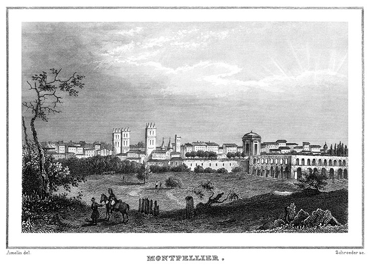 Vue générale de Montpellier vers 1835 - gravure reproduite et restaurée par © Norbert Pousseur