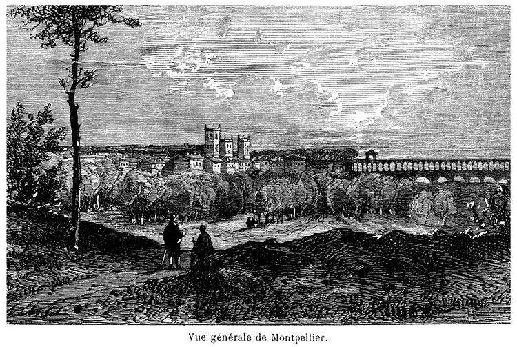 Montpellier d'une de ses ancienne route d'accès vers 1875 - gravure reproduite et restaurée par © Norbert Pousseur