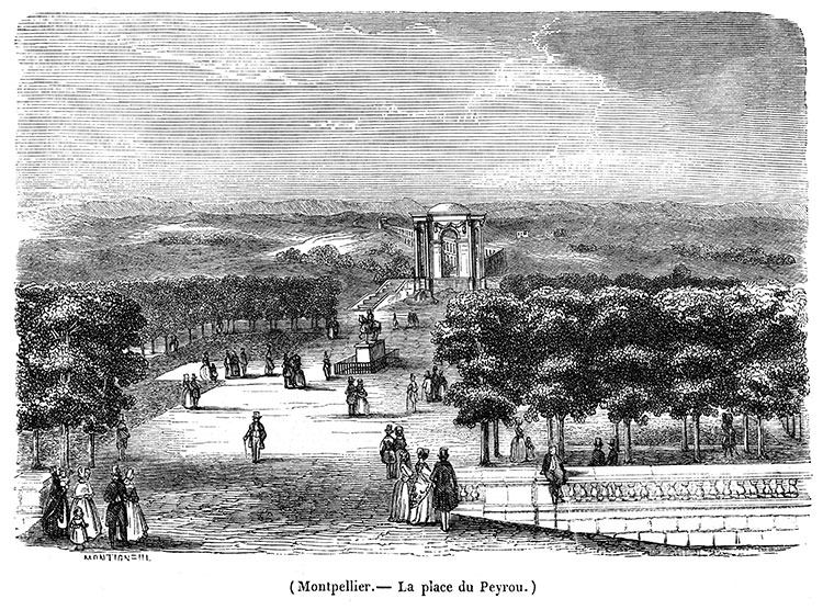 La promenade et la porte du Peyrou de Montpellier vers 1870 - gravure reproduite et restaurée par © Norbert Pousseur