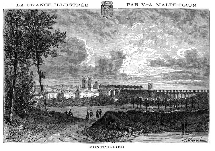 Montpellier vers 1880 - gravure reproduite et restaurée par © Norbert Pousseur