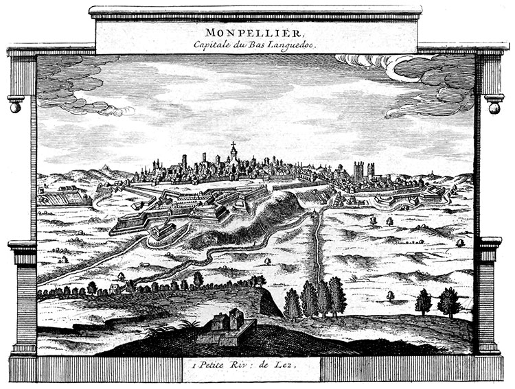 Montpellier et sa rivière, la Lez, vers 1720 - gravure reproduite par la BNF et restaurée par © Norbert Pousseur