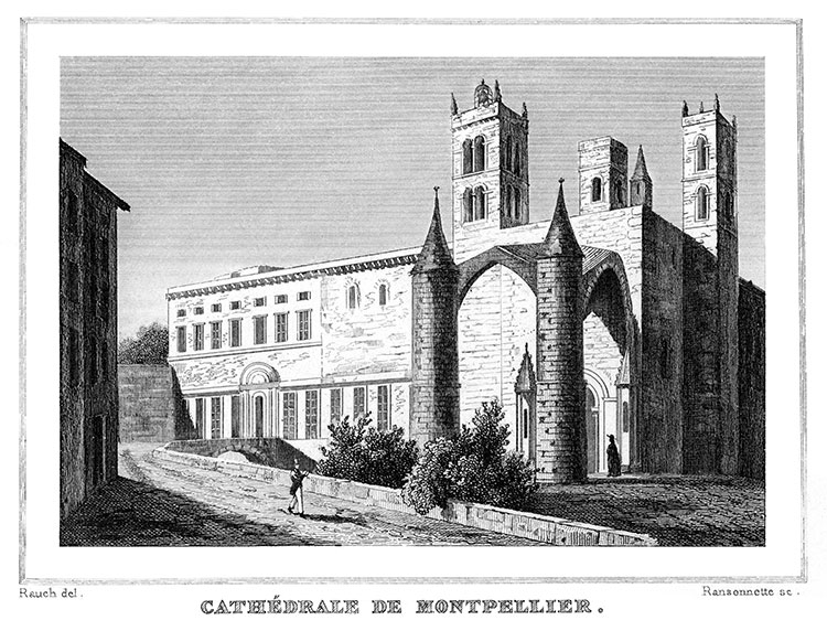 La cathédrale de Montpellier vers 1835 - gravure reproduite et restaurée par © Norbert Pousseur
