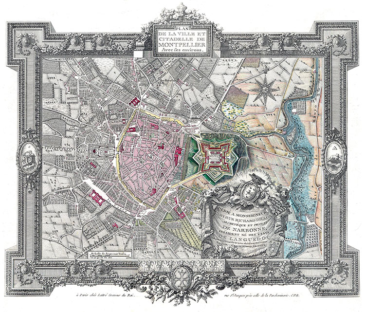 Plan de la ville et de la citadelle de Montpelliervers 1760 - gravure reproduite par la BNF et corrigée numériquement  par © Norbert Pousseur