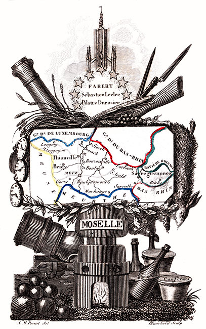 Carte succinte de la Moselle vers 1830 - gravure reproduite et restaurée numériquement par © Norbert Pousseur