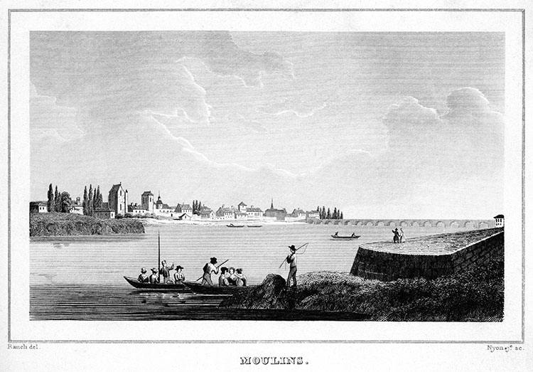 Moulins au bord de l'Allier, vers 1835 - gravure reproduite et restaurée numériquement par © Norbert Pousseur