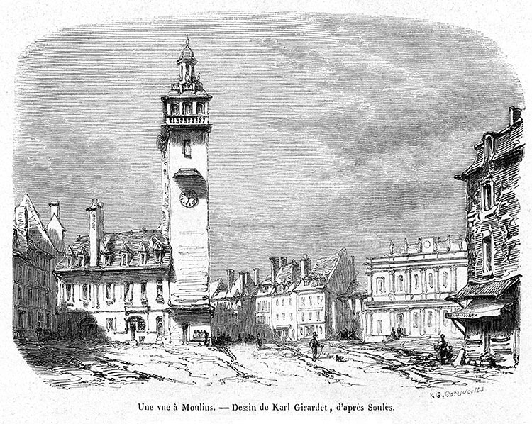 Moulins et sa Tour de l'horloge vers 1850 - gravure reproduite et restaurée numériquement par © Norbert Pousseur
