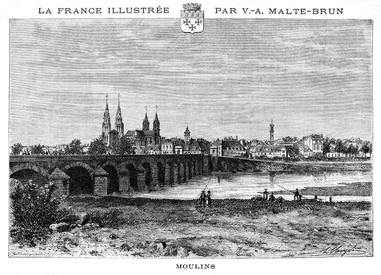 Moulins et son pont vers 1880 - gravure reproduite et restaurée numériquement par © Norbert Pousseur