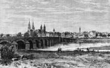 Zoom sur Moulins et son pont vers 1880 - gravure reproduite et restaurée numériquement par © Norbert Pousseur