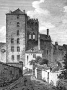 Zoom sur Château de Moulins vers 1820, vue latérale - gravure reproduite et restaurée numériquement par © Norbert Pousseur