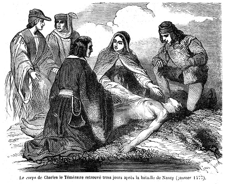 Le corp mort de Charles le Téméraire après la bataille de Nancy - gravure  reproduite et restaurée par © Norbert Pousseur