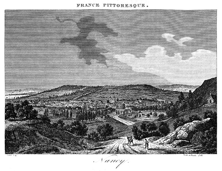 Vue générale de Nancy depuis une de ses collines vers 1830 - gravure  reproduite et restaurée par © Norbert Pousseur