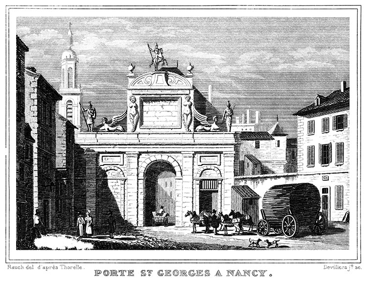 Porte St Georges à Nancy vers 1835 - gravure de Rauch,  reproduite et restaurée par © Norbert Pousseur