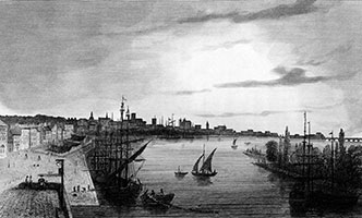 Vignette de Nantes le long de la Loire vers 1835 - gravure reproduite puis restaurée numériquement par  © Norbert Pousseur