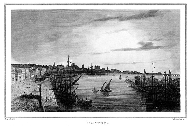 Nantes le long de la Loire vers 1835 - gravure reproduite et restaurée numériquement par © Norbert Pousseur